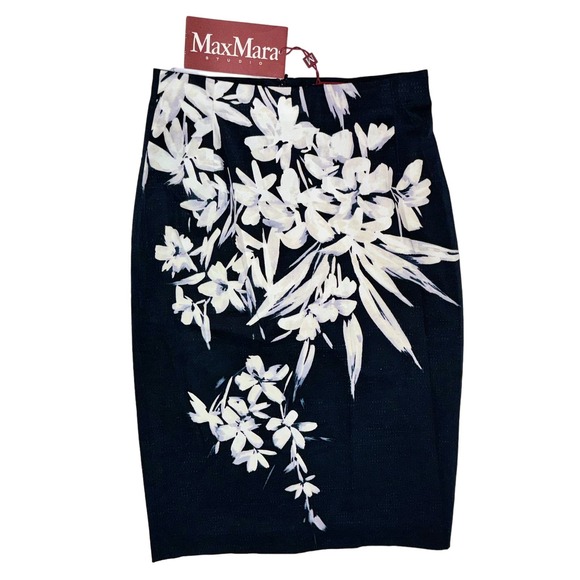 Max Mara Studio Marisa Pencil Skirt Navy and White Floral Sz 4 - Picture 2 of 6